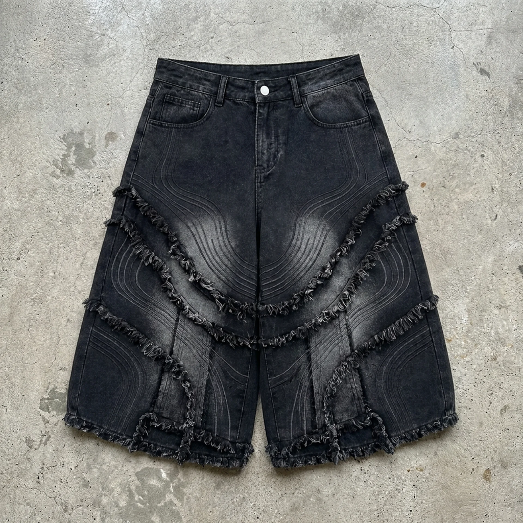 Eclipse Fringe – Distressed Denim Shorts
